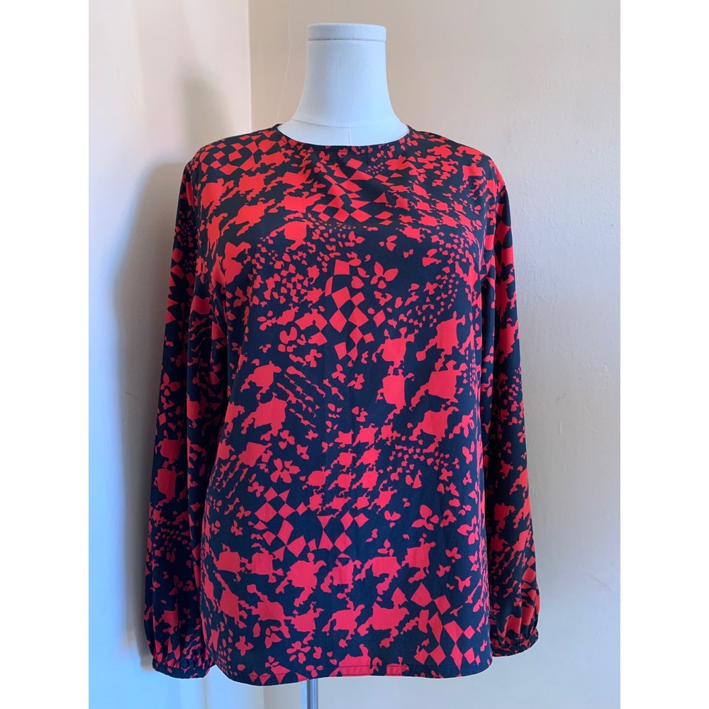 Vintage Jaeger Red Black Abstract Geometric Print Blouse Made in UK Size 36in
